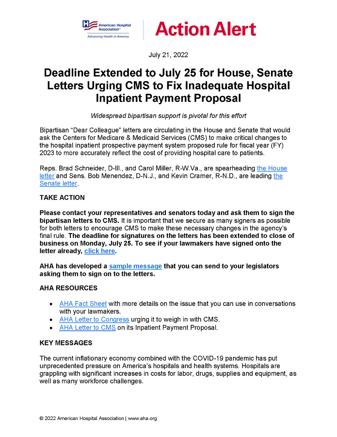 Deadline Extended to July 25 for House, Senate Letters Urging CMS to Fix Inadequate Hospital Inpatient Payment Proposal.